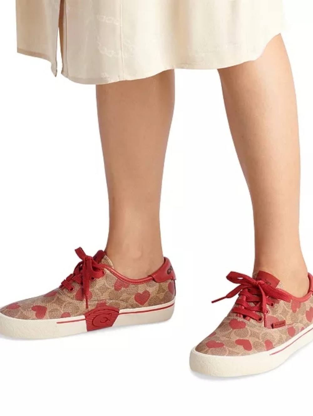 Coach Women Heart-Print Brown & Red Canvas Sneakers